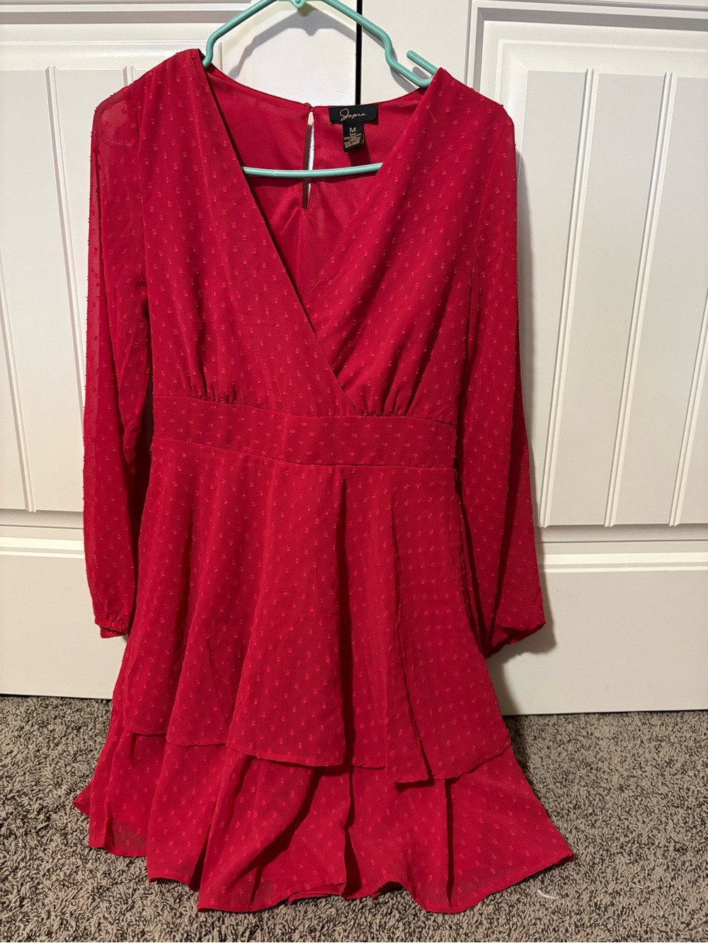 Red Textured Long Sleeve V-Neck Tiered Mini Dress